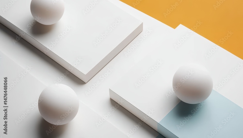 Poster geometric shapes in white and pastel hues create a minimalist, abstract design. three spheres rest o