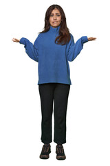Middle Eastern woman, full body studio confused and doubtful shrugging shoulders to hold a copy...