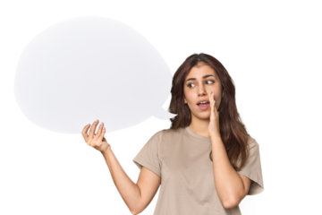 Middle Eastern woman holding comic bubble is saying a secret hot braking news and looking aside