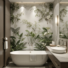 Serene bathroom with botanical wall and sleek interiors.
