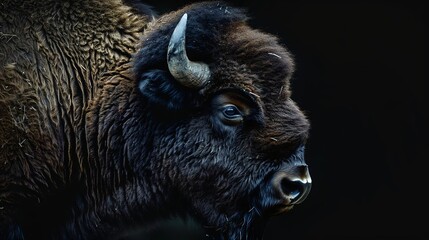 Fototapeta premium A profile portrait of an American bison, looking directly at the camera, set against a black background with high-contrast lighting.