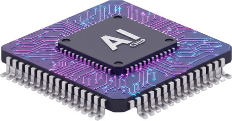 Isometric AI Chip with Glowing Purple Circuits and Silver Pins