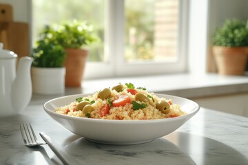 Fresh couscous dish with carrots and olives, served in a white bowl on a marble countertop.  Bright, sunny kitchen in the background