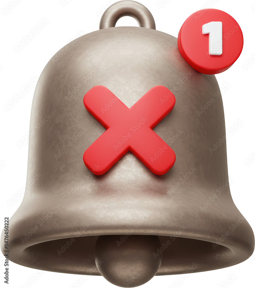 Poster metallic notification bell with red cross and number one alert icon