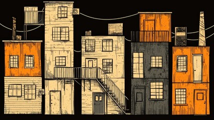 Stylized urban building block illustration with unique architectural details