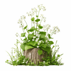 White Flowers Blooming in Rustic Tree Stump Planter