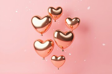 Floating rose gold heart shaped balloons against a soft pink background for celebrations
