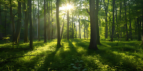 Obraz premium Sunlight Filtering Through Green Trees in Serene Forest