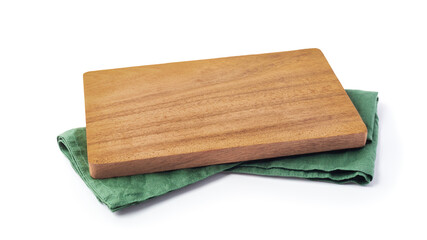 Wooden board with blue linen tablecloth isolated on white background