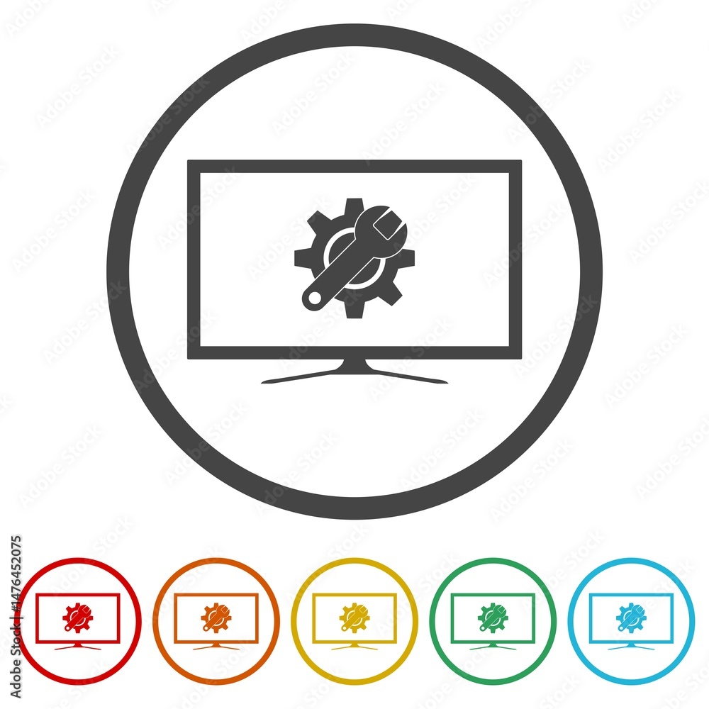 Poster computer upgrade, system update pc repair icon. set icons in color circle buttons