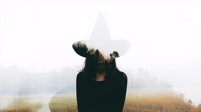 Mysterious woman wearing a witch hat standing in a misty field  
