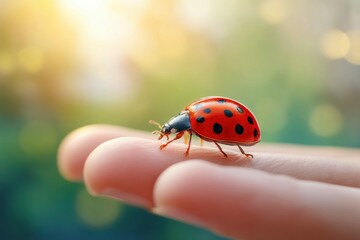 Obraz premium A beautiful ladybug rests gently on a human hand, showcasing its vibrant red and black patterned shell. The background is blurred, adding depth.