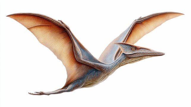 A detailed illustration of a Pterodactyl, an extinct flying reptile, soaring gracefully on a clear white background.