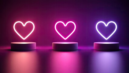 Glowing neon hearts on podiums a modern symbol of love and affection in purple hues