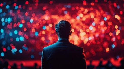 A cryptocurrency startup founder announcing a major blockchain breakthrough on a virtual stage