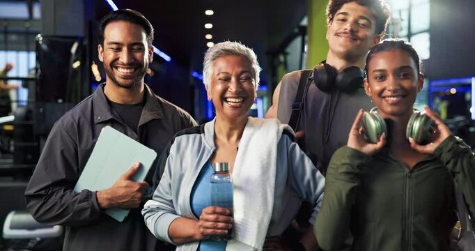 Exercise, face and group with people in gym together for membership, sign up or welcome. About us, fitness and smile of personal trainer in health club with athlete friends for training or workout
