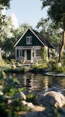 Obraz premium Picturesque lakeside home amidst lush greenery and tranquil waters