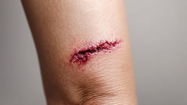 A close-up view shows a fresh, bloody cut on human skin, highlighting the injury's details. The wound appears to be recently sustained.