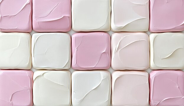 Pink and white squares, textured like paint or frosting, arranged in a grid pattern