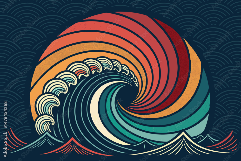 Poster create a bold, vibrant abstract radial design featuring concentric waves, employing a dynamic color 