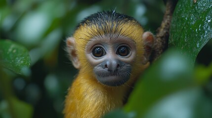 Obraz premium Close-up of a tiny, yellow monkey peering from foliage.
