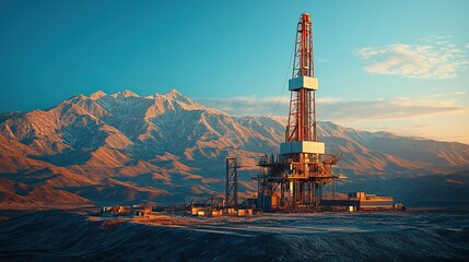 Oil drilling rig stands tall against a backdrop of majestic mountains and a clear blue sky at sunset
