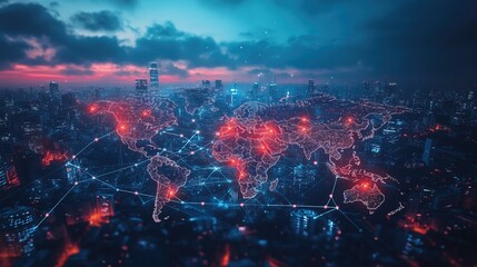 Naklejka premium A cross-border business partnership forming, digital maps connecting different cities in the background