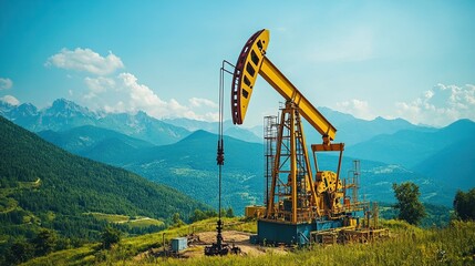 Yellow oil pump jack on a grassy hill with mountains and a blue sky in the background on a sunny day
