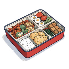Create a bold, vector illustration of a bento box with multiple compartments, showcasing vibrant food items.  Include clean lines and a striking color palette.