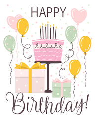 Birthday cake with gift boxes and balloons vector illustration, greeting card 