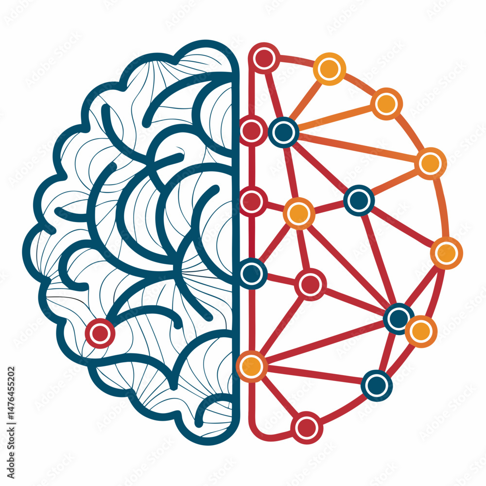 Poster create a bold, vector illustration of a brain composed of interconnected nodes, emphasizing thick ou
