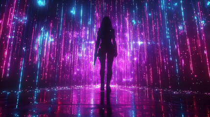Obraz premium A silhouetted figure, possibly female, stands confidently, armed, amidst a vibrant, futuristic, neon-lit digital rain. The scene is reflective and mysterious