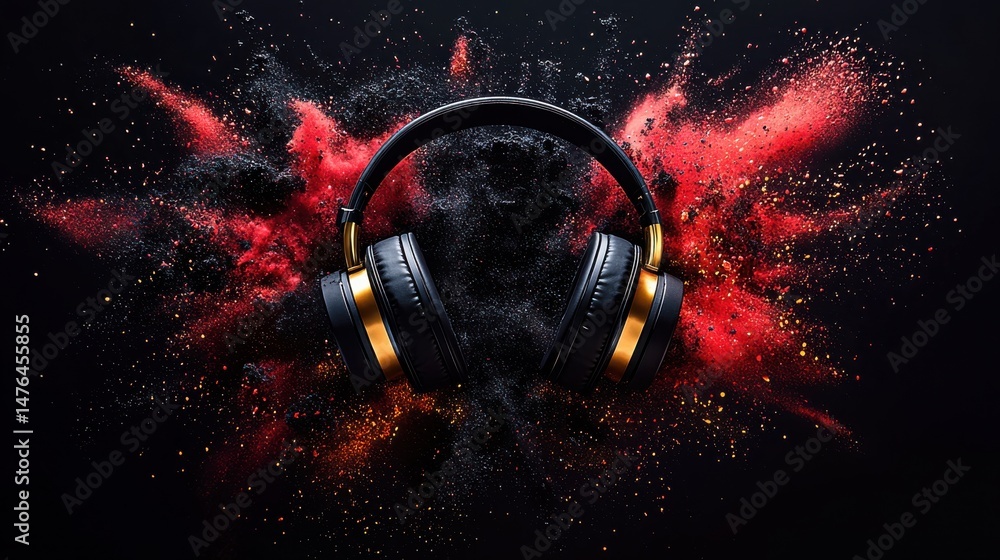 Poster stylish headphones against a backdrop of exploding red and black particles, capturing the audio