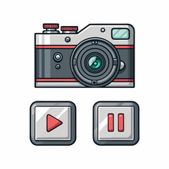 Create a bold, vector illustration of a camera with strong outlines, incorporating media reel elements.  Design should be suitable for logo use.