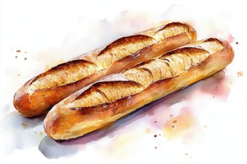 Two freshly baked baguettes with a golden crust are placed side by side on a white background.