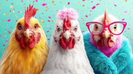 A humorous group of chickens, one wearing glasses, posed against a confetti-filled background, radiating personality.