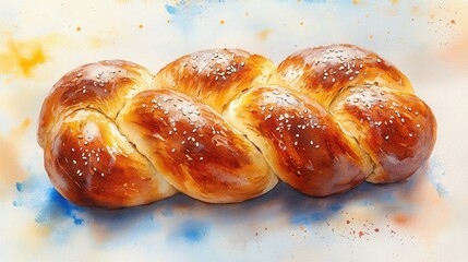 Obraz premium A beautifully braided, golden-brown loaf of bread with a glossy crust and sprinkled with coarse salt, placed on a colorful background.