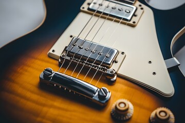 A detailed and vibrant close up shot of a sunburst electric guitar showcasing its beautiful construction and components