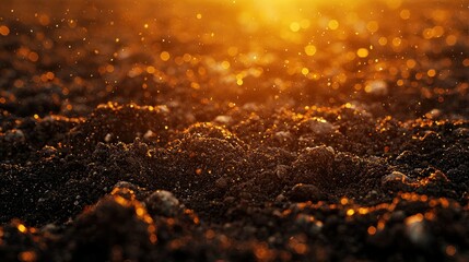 Arable land, glistening in sunlight, earth dark & rich