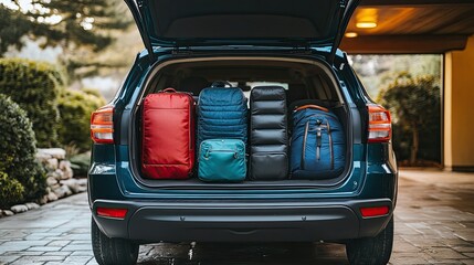 Open car trunk filled with luggage ready for travel in front of a building and green bushes