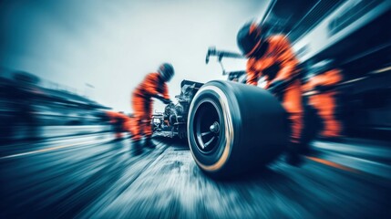 Formula one pit crew swiftly changes a tire during a race, showcasing teamwork and speed. The motion blur adds a sense of urgency and motion.