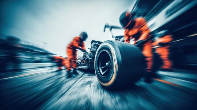 Formula one pit crew swiftly changes a tire during a race, showcasing teamwork and speed. The motion blur adds a sense of urgency and motion.