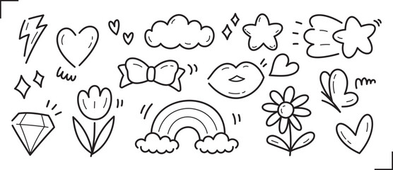 cute girly element graphic vector set in hand drawn doodle style