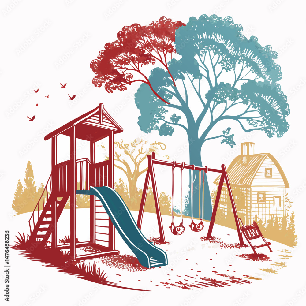 Poster create a bold vector illustration of a vibrant children's playground, emphasizing strong outlines an
