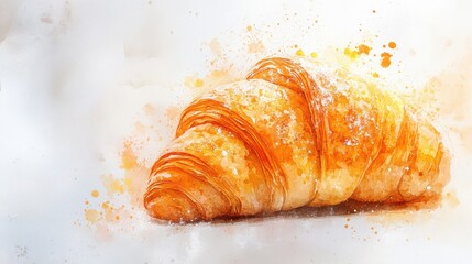 A watercolor illustration of a golden, flaky croissant dusted with powdered sugar on a white background.
