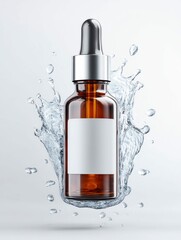 A serum bottle is captured mid-splash, with water droplets forming a dynamic and fresh visual, creating an invigorating appeal.