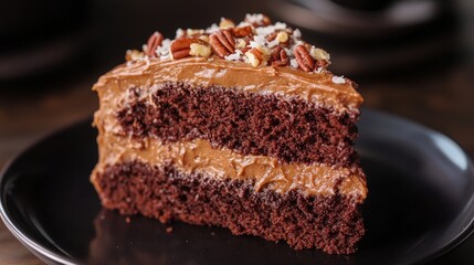 Delicious slice of chocolate cake with pecans.