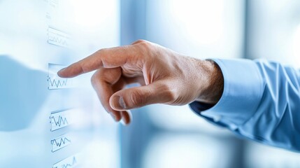 A close-up shot shows a person's finger touching a digital display with line graph illustrations. The scene is bathed in a cool, professional light.