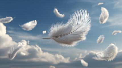 White feathers float in the sky against a backdrop of soft clouds, creating a peaceful and poetic atmosphere
