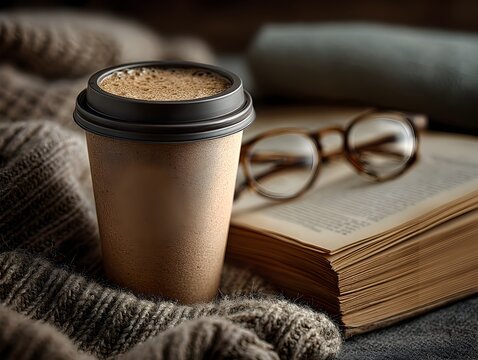 A warm cup of coffee rests on a cozy knit sweater next to an open book and glasses perfect for a relaxing autumn day.